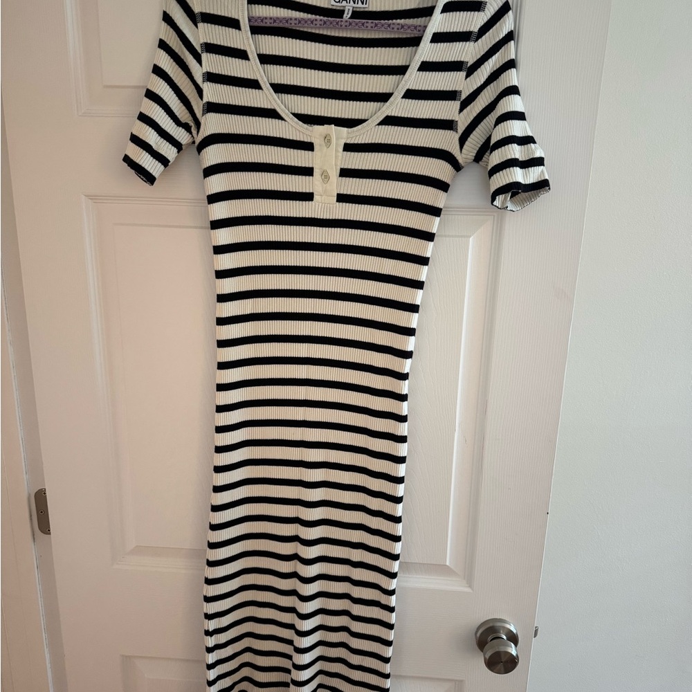 Ganni Black and White Striped Ribbed Henley Midi Dress
